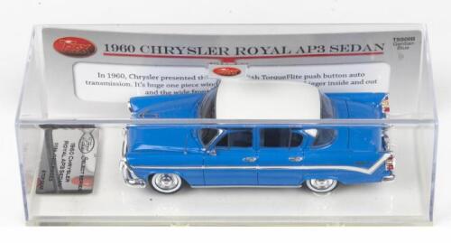 TRAX SELECT SERIES: 1:43 scale Trax Select Series TSS09B Gentian Blue and White 1960 Chrysler Royal AP3 Sedan, No 84 of 1200 pieces, Plaque of Authenticity, clear boxed.