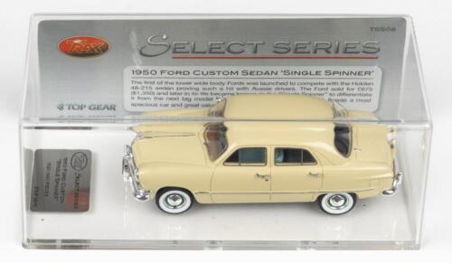 TRAX SELECT SERIES: 1:43 scale Trax Select Series TSS08 Cream 1950 Ford Custom Sedan 'Single Spinner', No 1020 of 1490 pieces, Plaque of Authenticity, clear boxed.