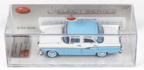 TRAX SELECT SERIES: 1:43 scale Trax Select Series TSS11B Sky Blue and White 2 Tone 1956 Ford Customline Sedan, No 74 of 400 pieces, Plaque of Authenticity, clear boxed.