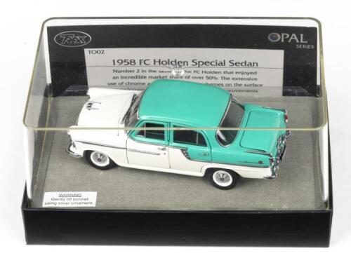 TRAX OPAL: 1:43 Trax Opal Series TO 02 Adobe Beige and Orlinda Green 2 tone 1958 Holden FC Special Sedan, no C of A, clear case in custom box.