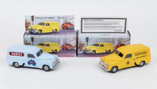 FAMOUS COMPANIES IN AUSTRALIA: Set of 2 1:25 Mint and Boxed Perth "Famous Companies in Australia" series Holden FJ Panel Vans, 1 MM001 Yellow RACWA No 1789 of 2016, and 1 MMOO2 Light Blue Qantas Airways, No 595 of 1512, boxed.