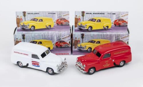 FAMOUS COMPANIES IN AUSTRALIA: Set of 2 1:25 Mint and Boxed Perth "Famous Companies in Australia" series Holden FJ Panel Vans, 1 MM003 White Ampol No 458 of 1008, and 1 MMOO4 Red Woolworths, No 527 of 1008, boxed.
