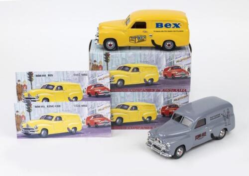 FAMOUS COMPANIES IN AUSTRALIA: Set of 2 1:25 Mint and Boxed Perth "Famous Companies in Australia" series Holden FJ Panel Vans, 1 MB010 Yellow Bex Powders No 97 of 1512, and 1 MBO11 Light Grey King Gee, No 531 of 1512, boxed.