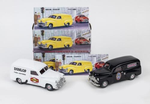 FAMOUS COMPANIES IN AUSTRALIA: Set of 2 1:25 Mint and Boxed Perth "Famous Companies in Australia" series Holden FJ Panel Vans, 1 MB008 White Dunlop Tyres No 883 of 1008, and 1 MBOO9 Blue Tooheys, No 1385 of 1512, boxed.