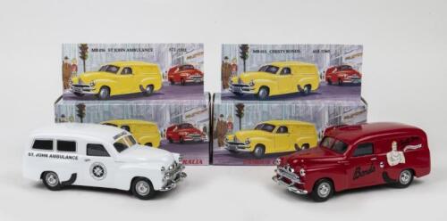 189 · FAMOUS COMPANIES IN AUSTRALIA: Set of 2 1:25 Mint and Boxed Perth "Famous Companies in Australia" series Holden FJ Panel Vans, 1 MB015 Red Chesty Bonds No 468 of 1560, and 1 MBO16 White St John Ambulance, No 871 of 1512, boxed.
