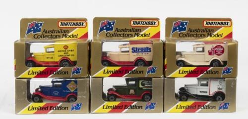 211 · MATCHBOX: Set of 6 1:64 scale Matchbox Australian Collectors Model Limited Edition 1930 Ford Model 'A' Vans, 1 Street Ice Cream, 1 Coca Cola, 1 John West Salmon, 1 Shell, 1 Bonds, and 1 Smith Crisps, all clear boxed.