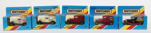 215 · MATCHBOX: Set of 5 Matchbox 1:64 Limited Edition Special Collector Model Ford Model 'A' Vans, 1 Mervyn Wynne Diecast Models, 1 The Australian, 1 Arnott's Biscuits, 1 Isle of Man TT, and 1 Pepsi Cola, all clear boxed.