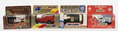 216 · MATCHBOX: Set of 4 1:64 Matchbox Ford Vans, 1 Gold Series Kellogg's Corn Flakes Model T, 1 Haigh's Chocolate Model T, 1 Camperdown Children's Hospital Model 'A', and 1 P.M.G. Royal Mail Model 'A', all clear boxed.