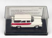 TRAX AUSTRALIAN MOTORING ICONS: 1:43 scale Trax Australian Motoring Icons Series TR87B, Grecian White and Apache Red 1960 Holden FB Special Station Sedan, clear case, boxed.