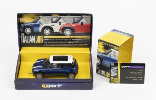 SCALEXTRIC: 1:32 scale Scalextric Sport Blue and White 'The Italian Job' Mini Cooper, Limited Edition No 1732 of 7500, Plaque of Authenticity, clear display case and custom boxed.