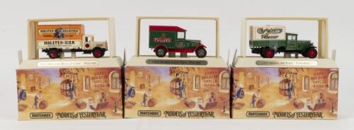 250 · MATCHBOX MODELS OF YESTERYEAR - GREAT BEERS: Set of 3 1:43 scale Matchbox Models of Yesteryear Great Beers of the World Series models, YGBO 4 1929 Morris Light Van 'Fullers', YGBO 5 1932 Ford Model AA Van 'Carlsberg', and YGBO 6 1932 Mercedes Benz L5 Lorry 'Holsten', all boxed.