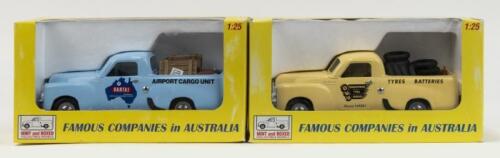 252 · FAMOUS COMPANIES IN AUSTRALIA: Set of 2 1:25 Mint and Boxed Perth "Famous Companies in Australia" series Holden FJ Utes, 1 MB001 Cream Beaurepaires, and 1 MB002 Light Blue Qantas Airport Cargo Unit, No Cs of A, boxed.