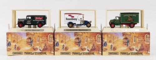 251 · MATCHBOX MODELS OF YESTERYEAR - GREAT BEERS: Set of 3 1:43 scale Matchbox Models of Yesteryear Great Beers of the World Series models, YGBO 7 1910 Renault AG Van 'Kronenbourg', YGBO 8 1937 GMC Van 'Steinlager', and YGBO 9 1920 Mack AC Van 'Moosehead', all boxed.