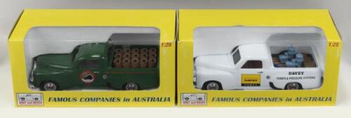 254 · FAMOUS COMPANIES IN AUSTRALIA: Set of 2 1:25 Mint and Boxed Perth "Famous Companies in Australia" series Holden FJ Utes, 1 MB008 White Davey Pumps, and 1 MB026 Green Swan Brewery, No Cs of A, boxed.