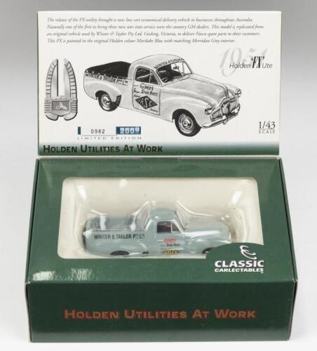 255 · CLASSIC CARLECTABLES: 1:43 Classic Carlectables Holden Utilities at Work series Light Grey 1951 Winter & Taylor Holden FX Ute, No 982 of 2000, C of A, clear displayed in custom box.