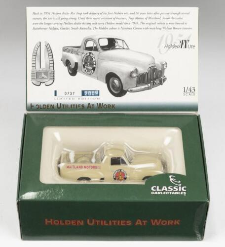256 · CLASSIC CARLECTABLES: 1:43 Classic Carlectables Holden Utilities at Work series Cream 1951 Maitland Motors Holden FX Ute, No 737 of 2000, C of A, clear displayed in custom box.