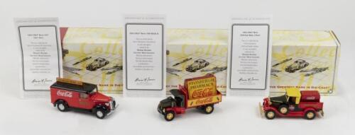 262 · MATCHBOX COLLECTIBLES: Set of 3 1:43 scale Matchbox Collectibles Premier Coca Cola Brand Collection models, 1 1930 Ford Model A Pickup, 1 1920 MACK AC Pickup, and 1 1957 Chevy Truck, Certificates of Authenticity, all boxed.