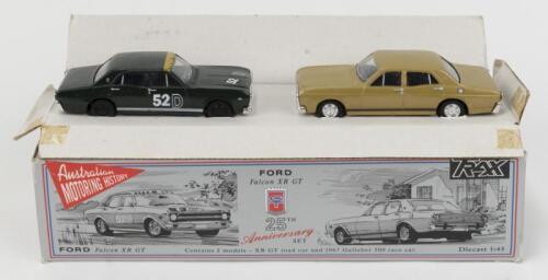 258 · TRAX: 1:43 scale Trax Australian Motoring History 25th Annivesary set of 2 1967 Ford Falcon XR GT Sedans, 1 Gold road car, and 1 Green Gallaher 500 winning race car No 52D, boxed
