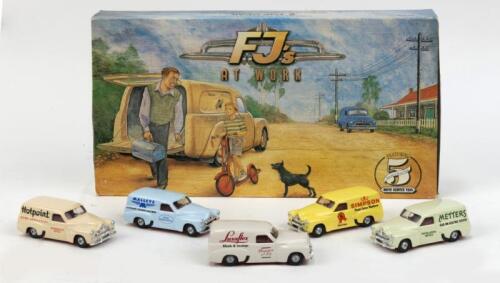 260 · TOP GEAR: 1:64 Top Gear set of 5 1953 Holden FJ Vans at work, 1 Metters Stoves, 1 Simpson Washers, 1 Hotpoint Home Appliances, 1 Luxaflex Blinds & Awnings, and 1 Malleys Washing Machines, in custom box.