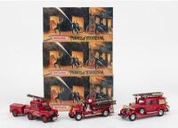 MATCHBOX MODELS OF YESTERYEAR: Set of 3 mixed scale Matchbox Models of Yesteryear Fire Engine Series, YFE 01 1920 Mack AC Fire Engine, YFE 02 1948 Land Rover Auxiliary Vehicle, and YFE 03 1933 Cadillac Fire Wagon, no Cs of A, all boxed.