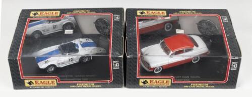 266 · EAGLE COLLECTIBLES: set of 2 1:43 scale Eagle Collectible models, 1 Chevrolet Corvette "Grand Sport" convertible, and 1 Red and White 2 tone 1949 Mercury Club Coupe street rod, both dispay boxed.