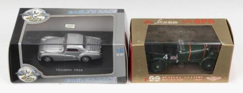 BRITISH CLASSICS: set of 2 !:43 scale British classic models, 1 Brumm British Racing Green 1928 Bentley 4.5 Litre HP 1-5-130 open seat racer, and 1 Eagles Race Serie Legende Silver Triumph TR3A Hard Top, both display boxed.