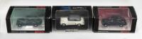 HOLDEN: Set of 3 1:64 Holden Sedans, 1 Biante Black 48-215, 1 Biante Forester Green 48-215, and 1 AutoArt Polar White and Convoy Grey FJ Sedan, all clear boxed.