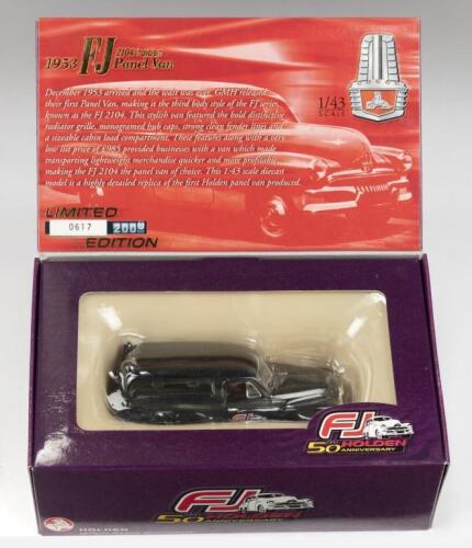 283 · CLASSIC CARLECTABLES: 1:43 Classic Carlectables 50th Anniversary of Holden Gloss Black 1953 Holden FJ/2104 Panel Van, No 108 of 2000, C of A, clear displayed in custom box.