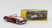 LUCKY TIN: Tin Lucky brand MF 787 friction open Sports Car, Red with White bonnet, friction motor makes noise when front wheels turned, custom boxed.