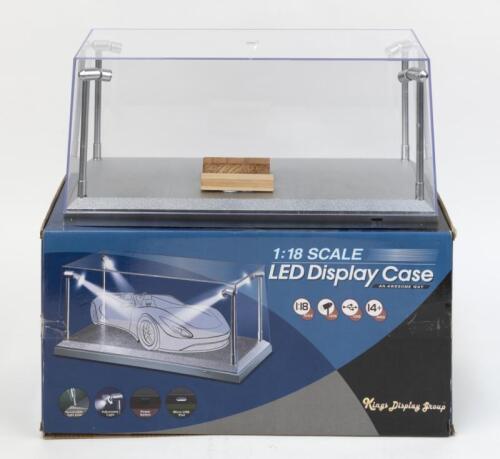 323 · LED DISPLAY CASE: Kings Display Group clear LED Display Case with Silver base, suitable for 1:18 scale models, includes 4 LED spotlights, battery or USB operated, no batteries or USB included, boxed.