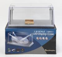 LED DISPLAY CASE: Kings Display Group clear LED Display Case with Silver base, suitable for 1:18 scale models, includes 4 LED spotlights, battery or USB operated, no batteries or USB included, boxed.