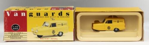 338 · VANGUARDS: 1:43 scale Vanguards Classic Commercial Vehicles Series Yellow Reliant Regal AA Service Van, C of A, boxed.