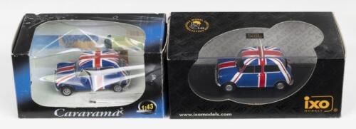 341 · MINI: Set of 2 1:43 scale Mini Coopers, 1 Cararama Mini Cooper, and 1 IXO Models 1967 "British Pavilion" Mini, both adorned with full body Union Jacks, both custom display boxed.