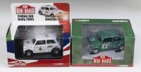 MINI MANIA: Set of 2 1:36 scale Corgi Mini Mania Classic Minis, 1 CC82247 White Italian Job Rally 2005 Mini with working lights, and 1 CC82267 Green Mini Se7en Racing Mark Sims #4, both clear display boxed.
