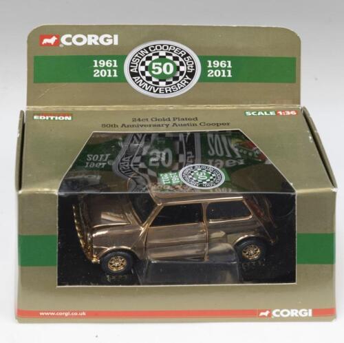 346 · GOLD MINI: 1:36 scale Corgi CC82290 Gold plated 50th Anniversary Austin Cooper, clear custom display boxed.