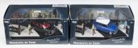 MOTORMAX MOMENTS IN TIME: Set of 2 1:64 scale Motormax Moments in Time Series Dioramas, both set on a corner of London's Piccadilly Circus, 1 featuring a typical London Black Cab, and 1 featuring a Blue and White vintage Mini, both clear display boxed.