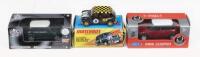 MINIS: Set of 3 Minis, 1 1:60 scale Welly Nex Models Red and White pull back Mini, 1 1:62 scale Maisto Kool Kidz Series Black and White Mini, and 1 1:64 scale Matchbox Lesney Edition 1964 Black, White and Yellow racing Mini #8, all boxed.