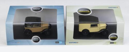 359 · OXFORD MODELS: Set of 2 1:43 scale Oxford Austin 7 Models, 1 Oxford Commercials Yellow & Black Delivery Van and 1 Oxford Motor Company Fawn & Black Sedan, both custom display boxed.