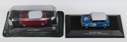 362 · MINIS: Set of 2 1:43 scale Mini Coopers, 1 Atlas Blue and White Austin Mini Cooper S #261 Alec Poole 1969 BTCC Champion, on labelled plinth with no blister pack covering, and 1 Altaya Red and White Mini Cooper, on labelled plinth in clear blister pack.