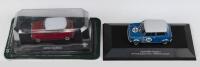 MINIS: Set of 2 1:43 scale Mini Coopers, 1 Atlas Blue and White Austin Mini Cooper S #261 Alec Poole 1969 BTCC Champion, on labelled plinth with no blister pack covering, and 1 Altaya Red and White Mini Cooper, on labelled plinth in clear blister pack.