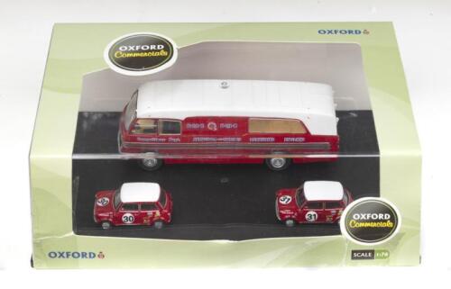 366 · OXFORD COMMERCIALS: 1:76 scale Oxford Commercials Red and White BMC Car Transporter & 2 Red and White BMC Competitions Dept Mini Coopers, 1 #30 representing the car registered 666D of John Rhodes, whose name appears along each side of the bonnet, and which is emblazoned with sponsorship stickers, and 1 #31, John Handley's car registered LRX 827E, which is also emblazoned with sponsorship stickers, all in a custom display box.