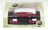 OXFORD COMMERCIALS: 1:76 scale Oxford Commercials Red and White BMC Car Transporter & 2 Red and White BMC Competitions Dept Mini Coopers, 1 #30 representing the car registered 666D of John Rhodes, whose name appears along each side of the bonnet, and whic