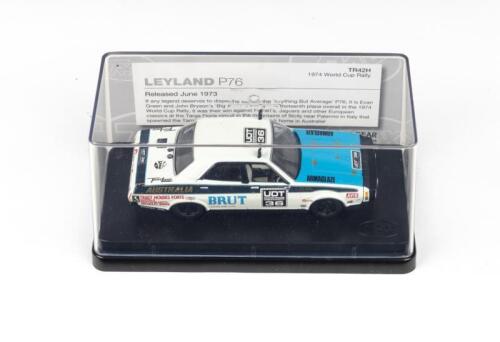 376 · TRAX AUSTRALIAN MOTORING ICONS: 1:43 scale Trax Australian Motoring Icons Series TR42H, White and Blue Leyland P76 1974 Green/Bryson "Big Brut" Word Cup Rally car, clear case, boxed.