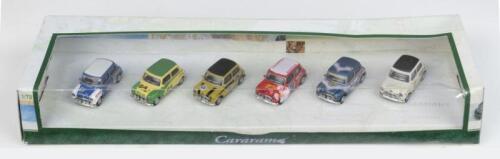 375 · CARARAMA MINIS: Set of 6 1:72 scale Cararama Hongwell race/rally Mini Coopers, all different colours, race numbers and liveries, all displayed in one clear custom box.