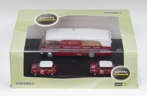 OXFORD COMMERCIALS: 1:76 scale Oxford Commercials Red and White BMC Car Transporter & 2 Red and White BMC Competitions Dept Mini Coopers, 1 #30 representing the car registered 666D of John Rhodes, whose name appears along each side of the bonnet, and which is emblazoned with sponsorship stickers, and 1 #31, John Handley's car registered LRX 827E, which is also emblazoned with sponsorship stickers, all in a custom display box.