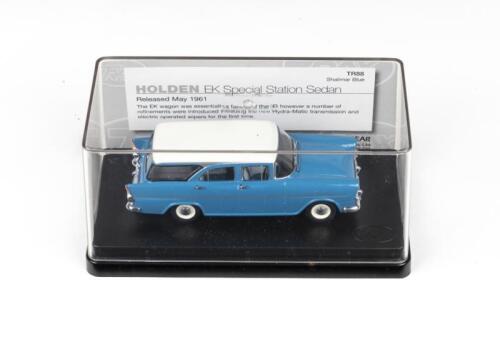 384 · TRAX AUSTRALIAN MOTORING ICONS: 1:43 scale Trax Australian Motoring Icons series TR88 Shalimar Blue and White 1961 Holden EK Special Station Sedan, clear display boxed.