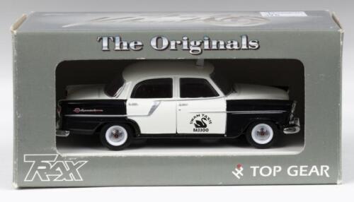 395 · TRAX AUSSIE TAXI SERIES: 1:43 scale Trax Aussie Taxi Series TR13G Black and White Swan Taxis 1958 Holden FC Sedan, clear display boxed.