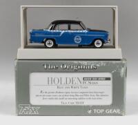 TRAX AUSSIE TAXI SERIES: 1:43 scale Trax Aussie Taxi Series TR13F Blue and White Taxis 1958 Holden FC Sedan, boxed.
