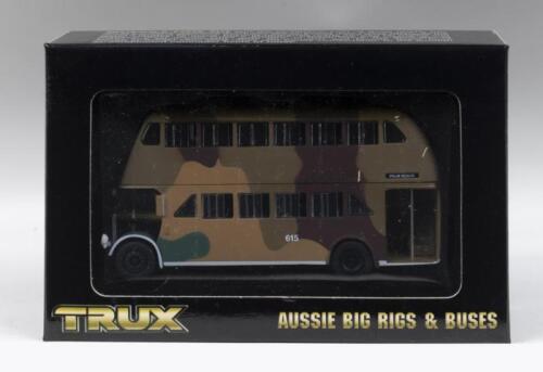 456 · TRUX AUSSIE BIG RIGS & BUSES: 1:76 scale Trux Aussie Big Rigs & Buses Series TX2C 1939 Albion Venturer Double Decker Bus sporting WWII camouflage paintwork, Palm Beach Sydney, clear display boxed.