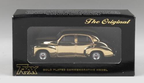 TRAX 50TH ANNIVERSARY: 1:43 scale Trax Original TRG15 Gold Plated 50th Anniversary Commemorative Model 1948 Holden 48-215 ("Golden Holden") sedan, clear display boxed.